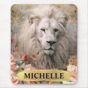 Mousepad Aquarela Leão Branco Vintage e Rosas Pink