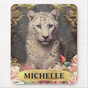 Mousepad Aquarela Leopardo Branco Vintage e Rosas Pink