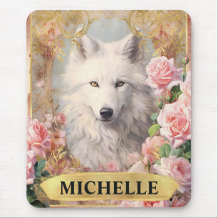 Mousepad Aquarela Lobo Branco Vintage e Rosas Rosas