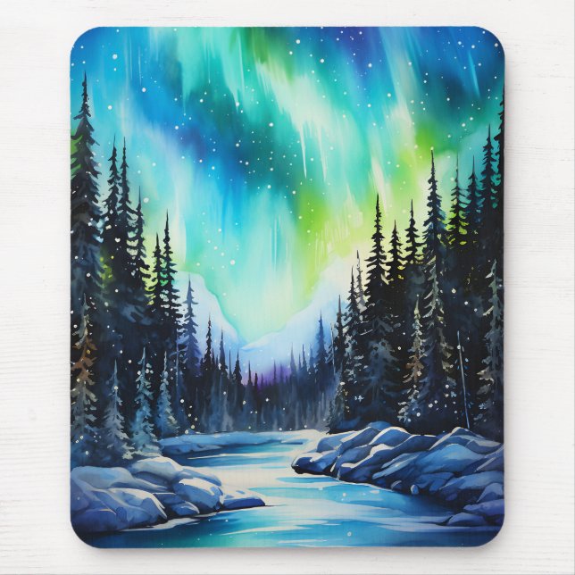Mousepad Aquarela Luzes do Norte aurora boreal  (Frente)