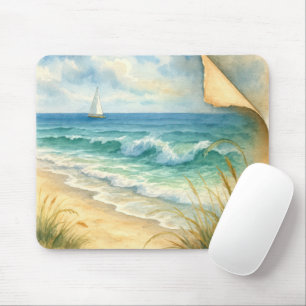 Mousepad Aquarela Praia e Velho Barco à Vela