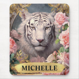 Mousepad Aquarela Tigre Branco Vintage e Rosas Pink