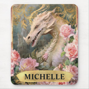 Mousepad Aquarela Vintage Dragão Branco e Rosas Pink