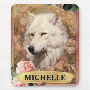Mousepad Aquarela vintage lobo branco e rosas cor-de-rosa