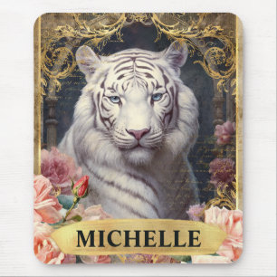 Mousepad Aquarela Vintage Tigre Branco e Rosas Pink