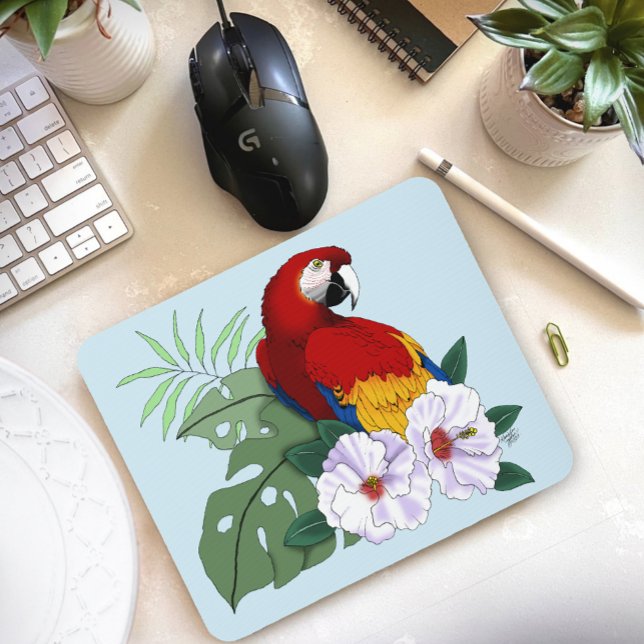 Mousepad Arara Vermelha Papagaio Tropical Hibisco Branco Fl (Criador carregado)