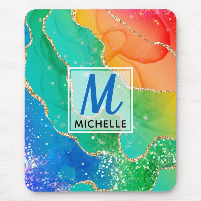 Mousepad Arco-Íris Brilhante e Monograma de Agitação Cintil (Frente)