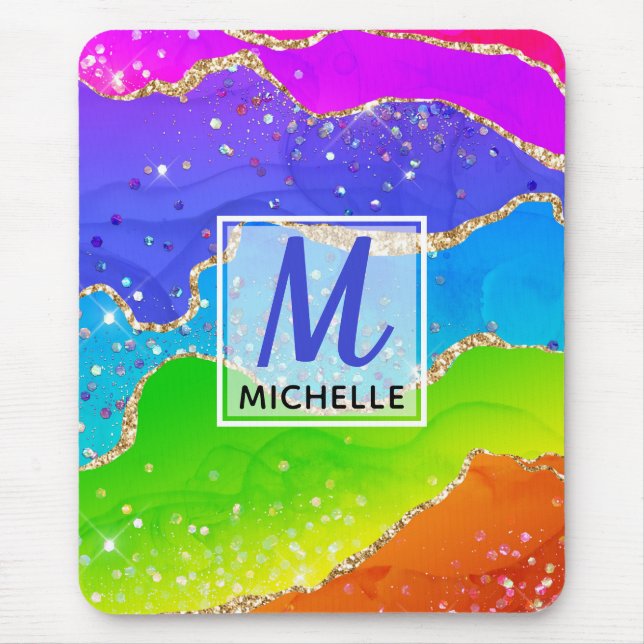 Mousepad Arco-Íris Brilhante e Monograma de Agitação Cintil (Frente)