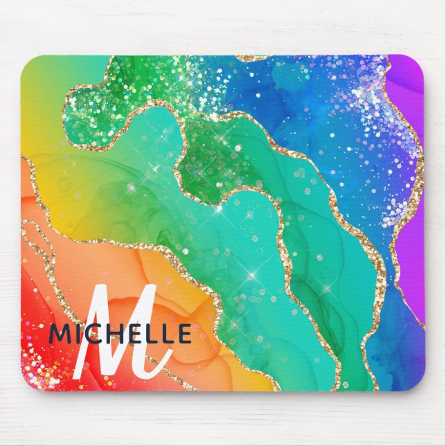 Mousepad Arco-íris Brilhante & Monograma de Ágata com Brilh (Frente)