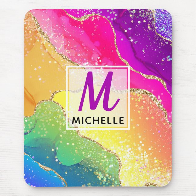 Mousepad Arco-íris Brilhante & Monograma de Ágata com Brilh (Frente)
