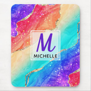Mousepad Arco-íris Brilhante & Monograma de Ágata com Brilh