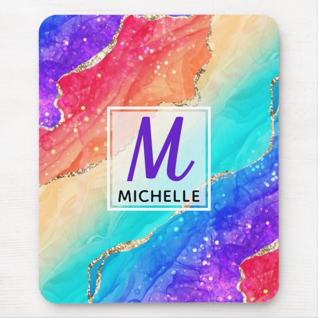 Mousepad Arco-íris Brilhante & Monograma de Ágata com Brilh (Frente)