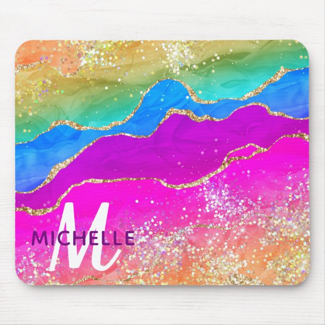 Mousepad Arco-íris Brilhante & Monograma de Ágata Falsa Bri (Frente)