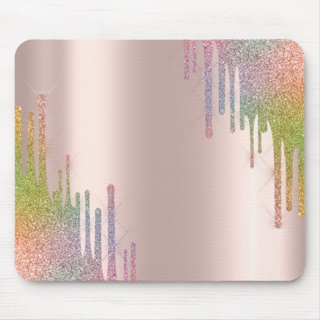 Mousepad Arco-íris Moderno com Brilho Drips em Rosa Dourado (Frente)