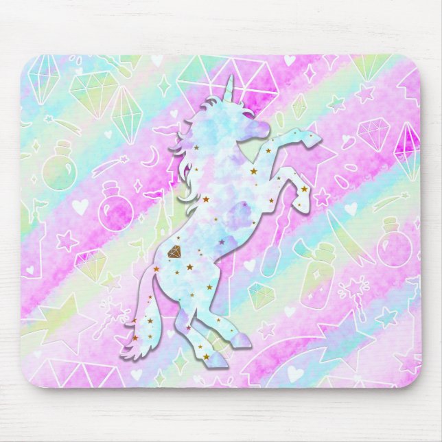 Mousepad Arco-íris Pastel de Diamantes & Estrelas Unicórnio (Frente)