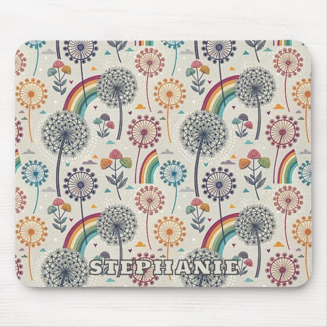 Mousepad Arco-Íris Whimsical e Dandelions Botânicos (Frente)