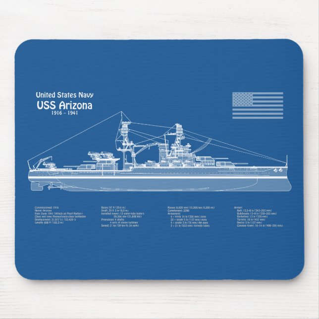 Mousepad ARIZONA USS - ABD de Planos de Impressão Blueprint (Frente)