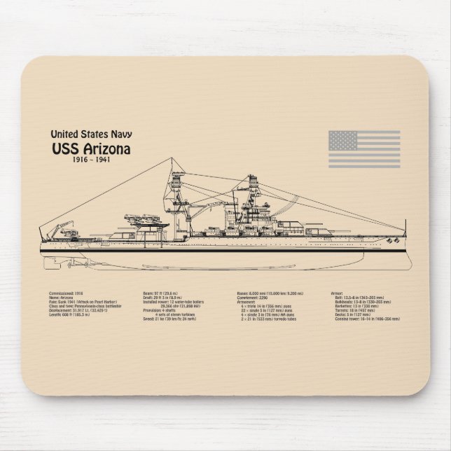 Mousepad ARIZONA USS - Enviar Planos de Impressão Blueprint (Frente)