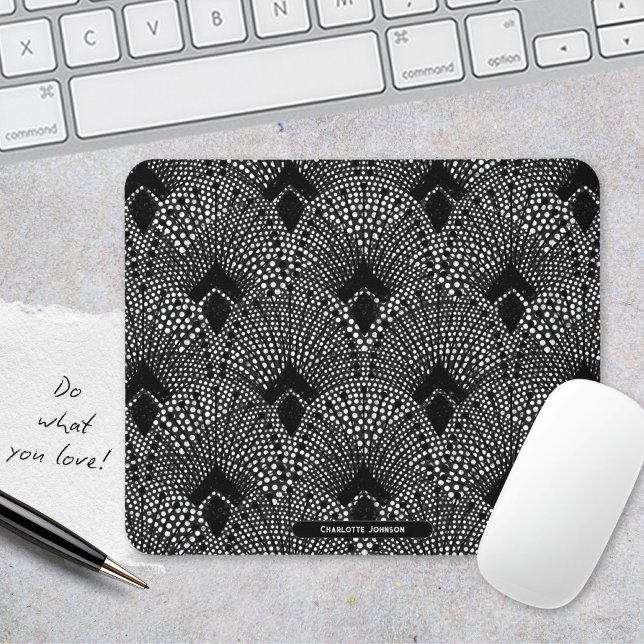 Mousepad Art Deco Antracite Retro Peacock Padrão (Art Deco Antrazite Black White Peacock Pattern Mouse Pad ©Susanne Sachers - Sunny Mind 🌞)
