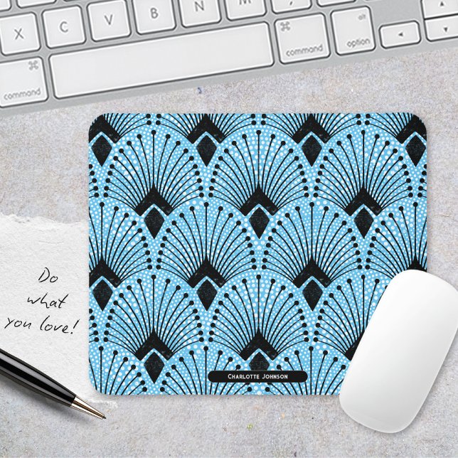 Mousepad Art Deco Azul Preto Padrão Retroativo Branco (Art Deco Blue Black White Retro Peacock Pattern Mouse Pad ©Susanne Sachers - Sunny Mind 🌞)