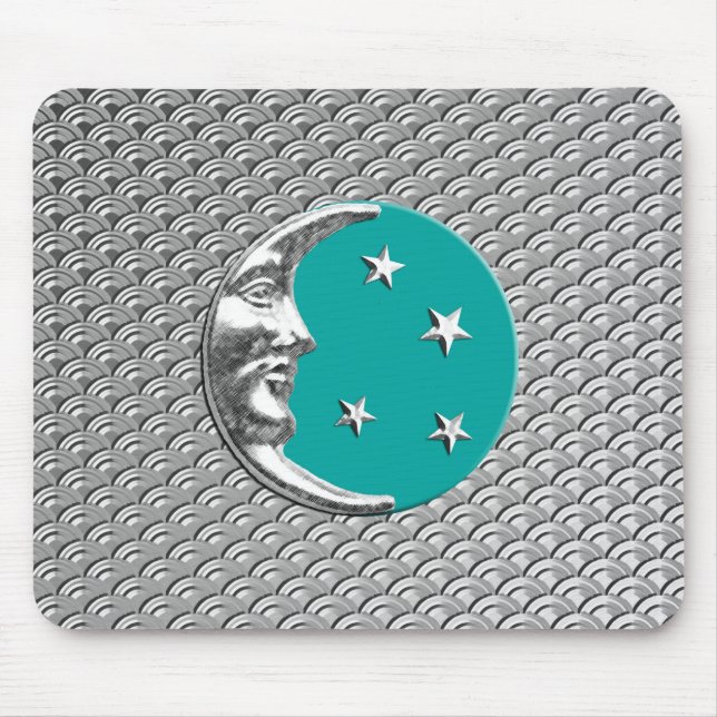 Mousepad Art Deco Moon e estrelas - Turquesa e Prata (Frente)