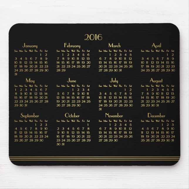 Mousepad Art Deco Preto Calendário Anual Dourado 2016 Mouse (Frente)