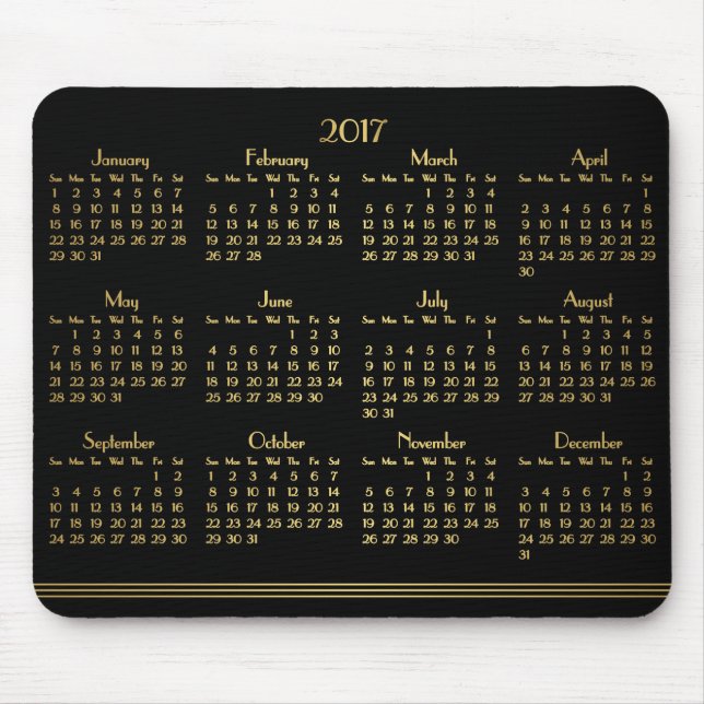 Mousepad Art Deco Preto Calendário Anual Dourado 2017 (Frente)