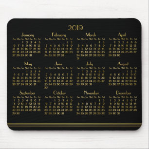 Mousepad Art Deco Preto Calendário Anual Dourado 2019 Mouse