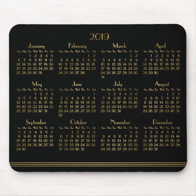 Mousepad Art Deco Preto Calendário Anual Dourado 2019 Mouse (Frente)