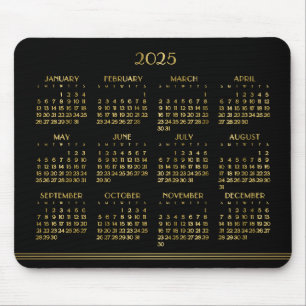 Mousepad Art Deco Preto Calendário Anual Dourado 2025