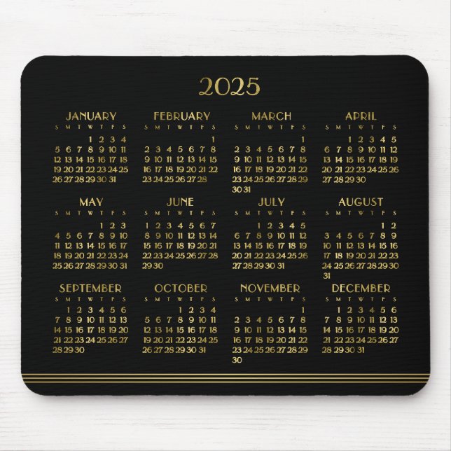 Mousepad Art Deco Preto Calendário Anual Dourado 2025 (Frente)