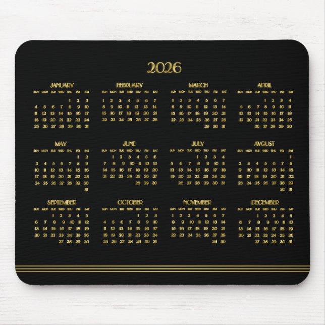 Mousepad Art Deco Preto Calendário Anual Dourado 2026 (Frente)