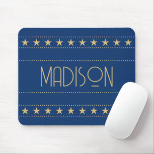 Mousepad Art Deco Star Nome Personalizado Azul Dourado
