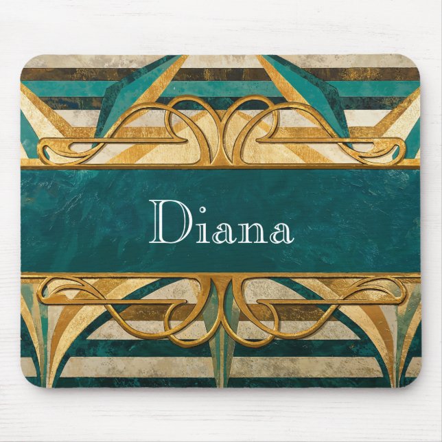 Mousepad Art Deco Verde e Listras Douradas Personalizadas (Frente)