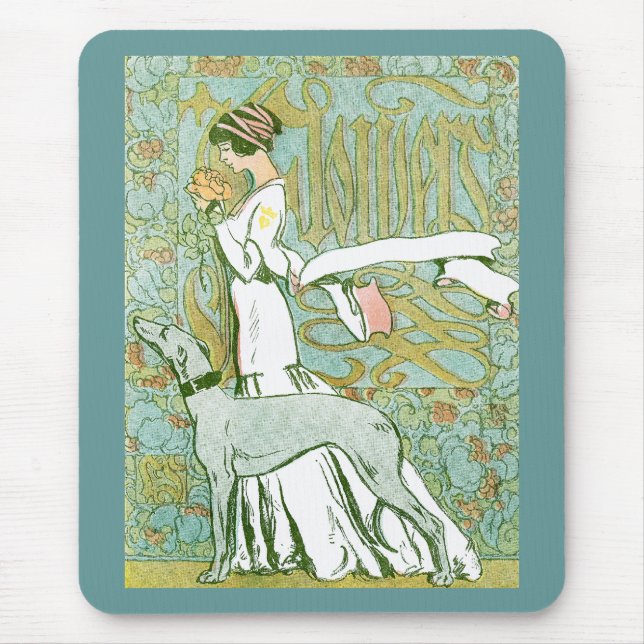 Mousepad Art Nouveau Greyhound e Lady com Flor (Frente)