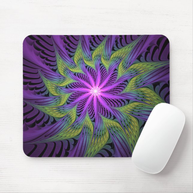 Mousepad Arte abstrata fractal moderna flor roxa verde (Com mouse)