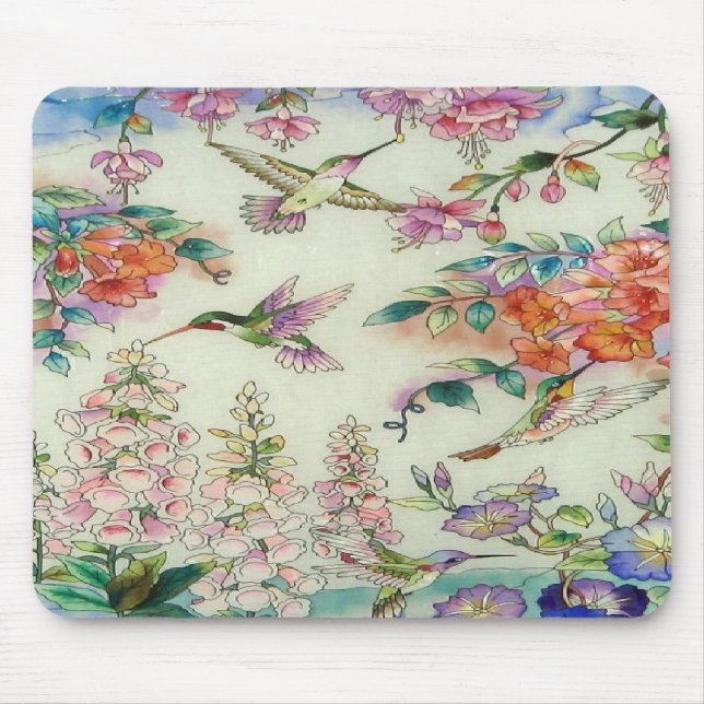 Mousepad Arte bonita do vitral das flores dos colibris (Frente)