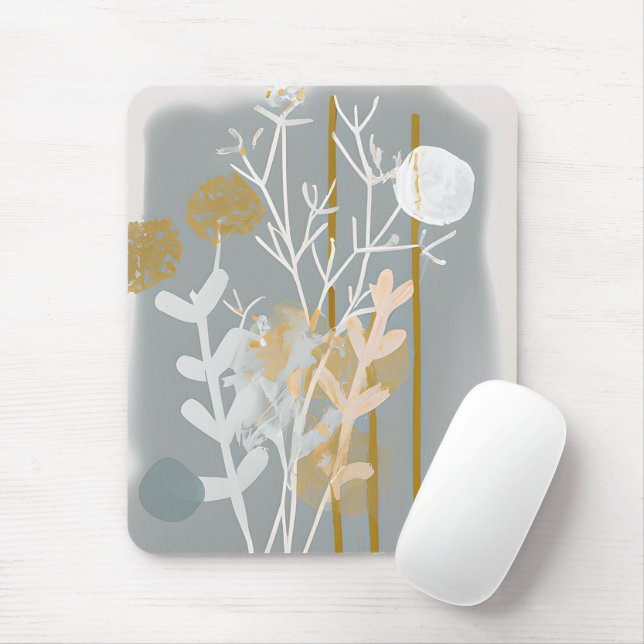 Mousepad Arte botânica minimalista abstrata cinza e dourada (Com mouse)