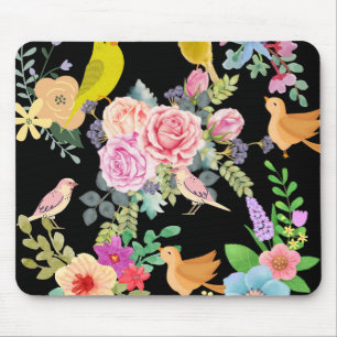 Mousepad Arte Colorida Vibrante de Pássaros e Flores em Pre