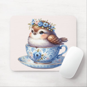 Mousepad Arte Cottagecore de Pássaro Fofo em Xícara Floral