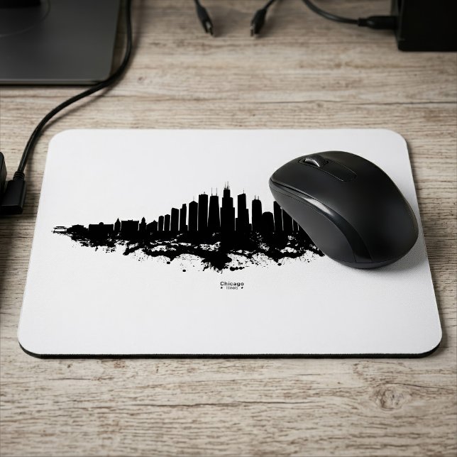 Mousepad Arte da Cidade em Aquarela Preto e Branco da Silhu (Chicago Skyline Black White Watercolor City Art. Mouse Pad )