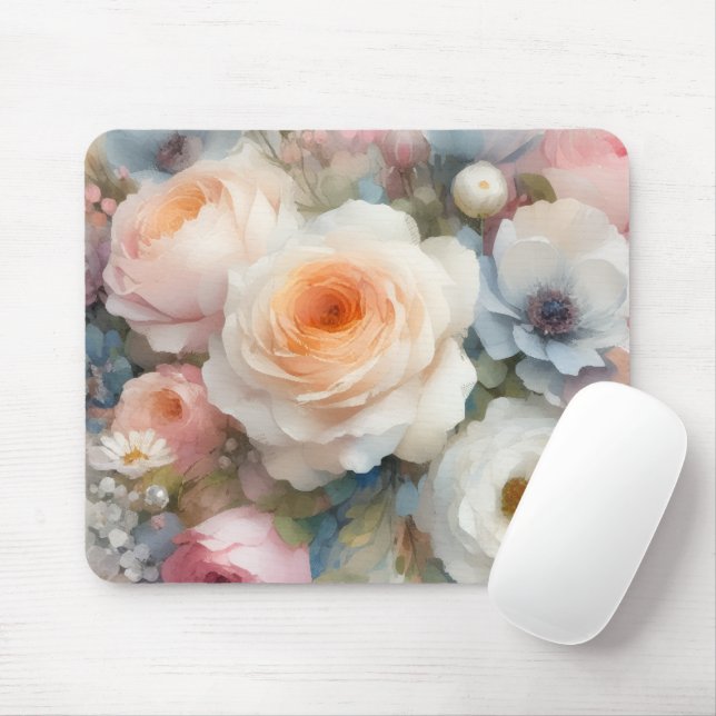 Mousepad Arte de Aquarela Elegante Flores Rosas (Com mouse)