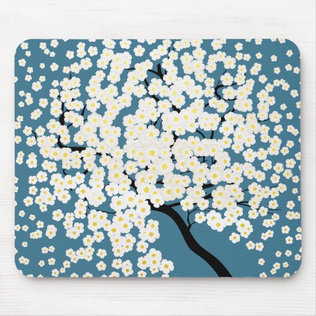 Mousepad Arte de árvore de flores brancas bonitas em flor (Frente)