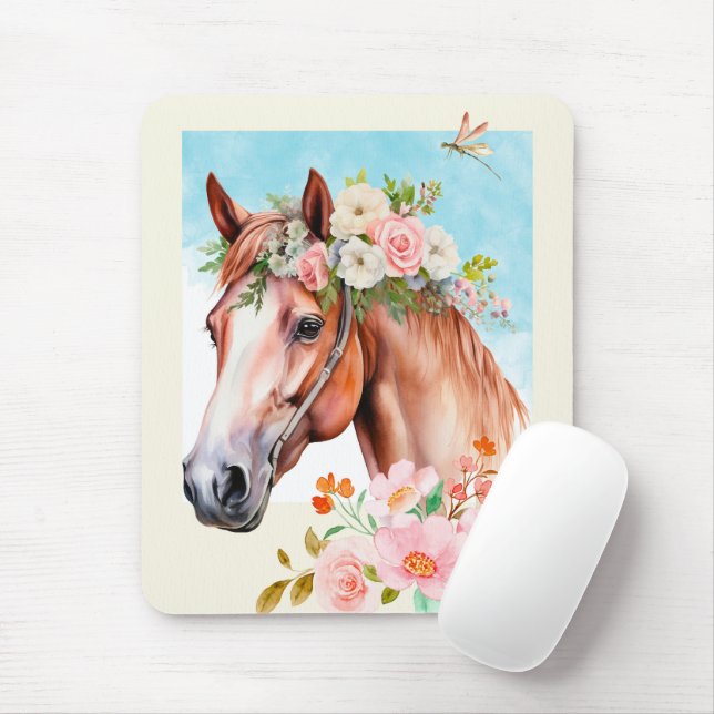 Mousepad Arte de Cavalo e Flores de Aquarelas (Com mouse)