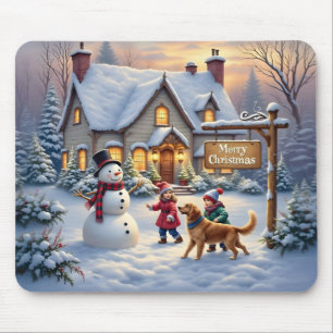Mousepad Arte de Cena de Natal com Neve Aconchegante