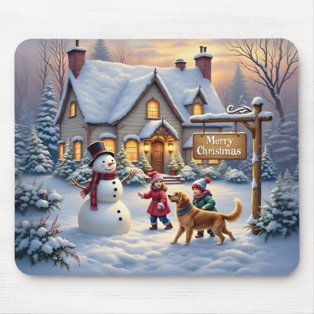 Mousepad Arte de Cena de Natal com Neve Aconchegante (Frente)