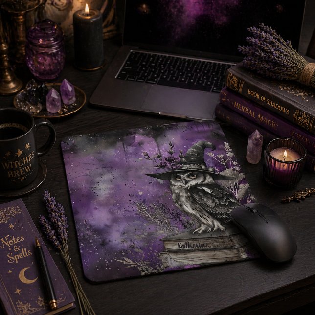 Mousepad Arte de Coruja Mística Roxa com Nome Personalizado (Criador carregado)