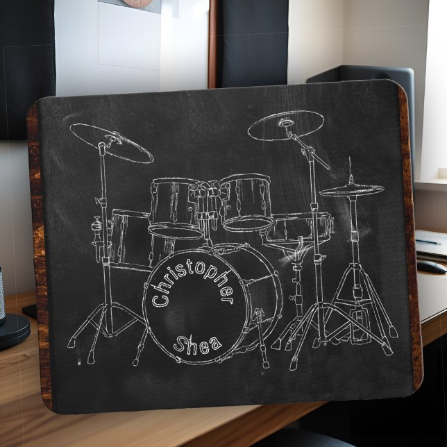 Mousepad Arte De Desenho Do Conjunto De Tambores A Preto Ad (Custom chalk drum set mouse pad with name, cool gift for drummers, home studios, or music lovers!)