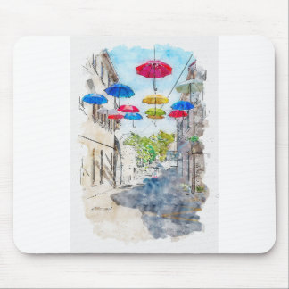 Mousepad Arte de esboço de Aquarelle. Rua com umb multicolo