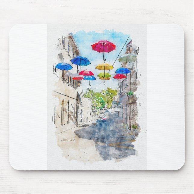 Mousepad Arte de esboço de Aquarelle. Rua com umb multicolo (Frente)